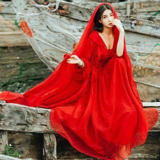 Set: Spaghetti Strap Midi A-line Dress + Ruffled Jacket