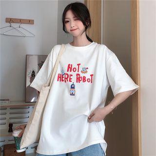 Short-sleeve Cartoon Lettering Round Neck T-shirt