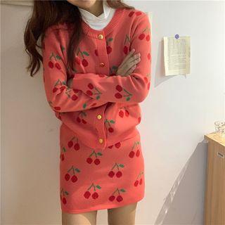 Set: Cherry Pattern Cardigan + Knit Skirt