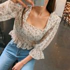 Square-neck Smocked Floral Crop Blouse