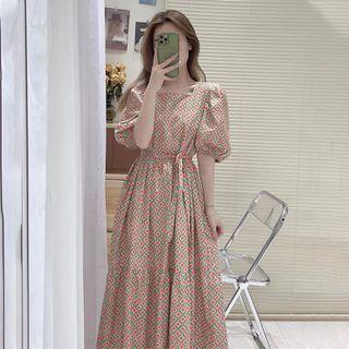 Puff-sleeve Square Neck Argyle Dress