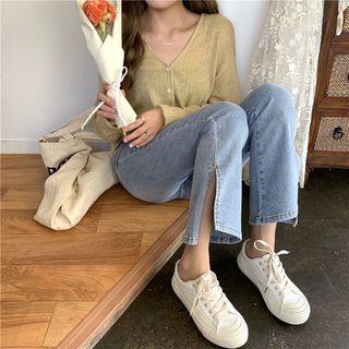 Cropped Slit Boot Cut Jeans / Long-sleeve Buttoned Top