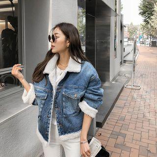 Fleece Lined Denim Trucker Jacket Dark Blue - One Size