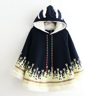 Bunny Ear Hooded Print Poncho