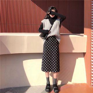 Plain Mock-neck Long-sleeve Top / Knit Vest / Dot Skirt