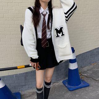 Long-sleeve Applique Contrast Trim Cardigan White - One Size