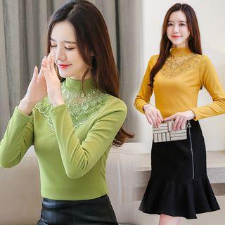 Lace Panel Mock-turtleneck Long-sleeve Top