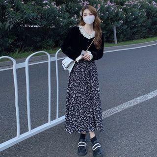 Contrast Trim Blouse / Flower Print Midi A-line Skirt