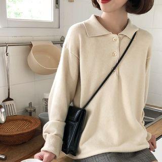 Plain Long-sleeve Polo Knit Top