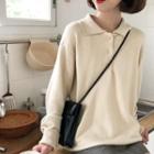 Plain Long-sleeve Polo Knit Top