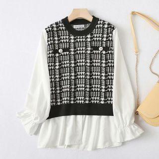 Mock Two-piece Plaid Knit Panel Top Plaid - Black & White - One Size