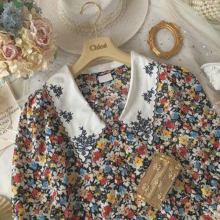 Embroidered Collar Floral Short-sleeve Blouse