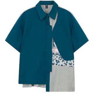 Short-sleeve Irregular Color Block Panel Print Shirt