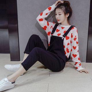 Heart Pattern Sweater / Distressed Denim Dungarees / Set