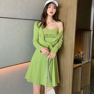 Set: Single-breasted Long-sleeve Top + Lettering Spaghetti Strap A-line Dress