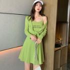 Set: Single-breasted Long-sleeve Top + Lettering Spaghetti Strap A-line Dress