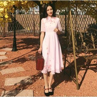 Elbow-sleeve Midi A-line Qipao Dress