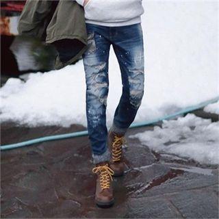 Distressed Paint-splatter Straight-cut Jeans