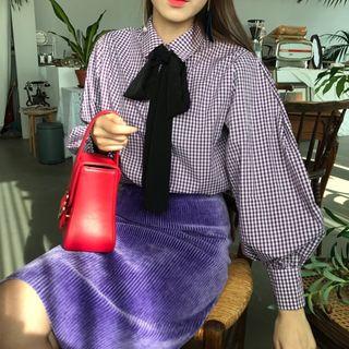 Check Puff-sleeve Blouse / High-waist Slim-fit Skirt