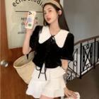Puff-sleeve Peter Pan-collar Tie-strap Velvet Blouse / Layered Mini Skirt