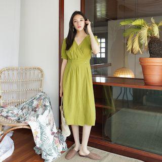 Wrap-front Linen Blend Midi Dress