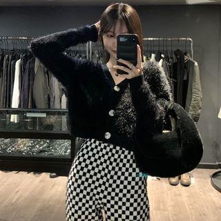Fluffy Cardigan / Checkerboard Straight Leg Pants