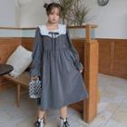 Collared Long-sleeve A-line Dress Gray - One Size