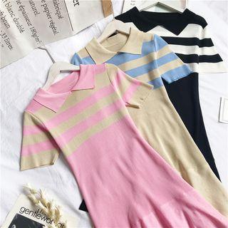 Color Block Short-sleeve Knitted A-line Dress