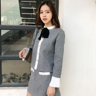 Set: Mock-neck Bow Accent Long-sleeve Top + Pocketed A-line Skirt