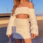 Set: Long-sleeve Fluffy Top + Skirt