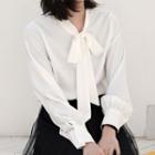 Long-sleeve Bow Accent Blouse White - One Size