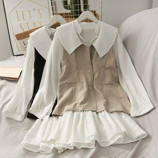 Set: Peter Pan-collar Light Shirtdress + Button-down Vest