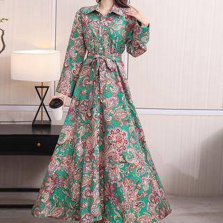 Long-sleeve Paisley Print Maxi Shirt Dress