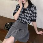 Short-sleeve Collar Argyle T-shirt / Mini Pleated Skirt