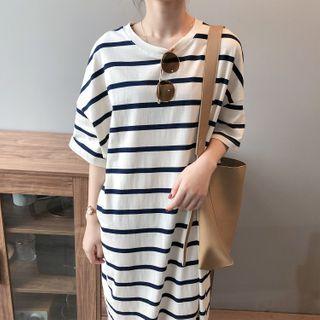 Striped Short-sleeve Midi T-shirt Dress Beige - One Size