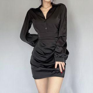 Long-sleeve Open Back Henley Mini Shirtdress