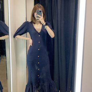 Puff-sleeve Ruffle Hem Maxi Knit Dress