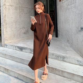 Long-sleeve Hooded Half-zip Knit Midi A-line Dress