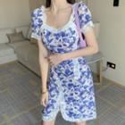 Lace Trim Short-sleeve Floral Mini Bodycon Dress