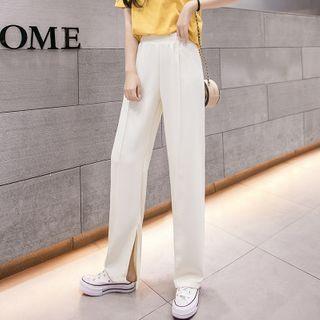 Band-waist Slit Straight-cut Pants