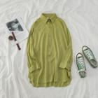 Long-sleeve Plain Button-down Shirt Green - One Size