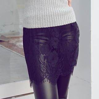 Inset Lace Skirt Faux Leather Leggings