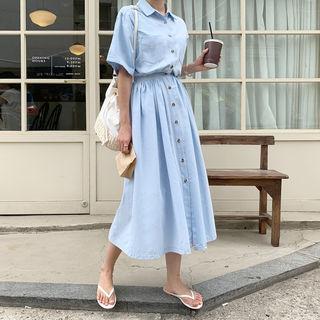 Band-waist A-line Shirtdress Light Blue - One Size
