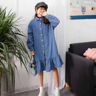 Ruffle Hem Long Denim Shirt