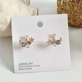 Flower Stud Earring 1 Pair - Pink & Blue & White Flowers - Gold - One Size