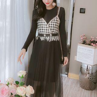 Set: Long-sleeve Knit Dress + Spaghetti Strap Midi Mesh Dress