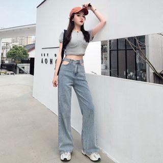 Plain Crop T-shirt / Cutout-waistline Wide-leg Jeans