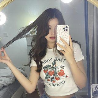 Short-sleeve Strawberry Print Cropped T-shirt White - One Size