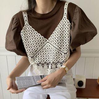 Mock Two Piece Round Neck Lace Cut Out Puff Short Sleeve Shirt