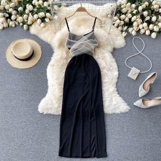 Mesh Panel Lace-up Strap Slit Spaghetti-strap Dress